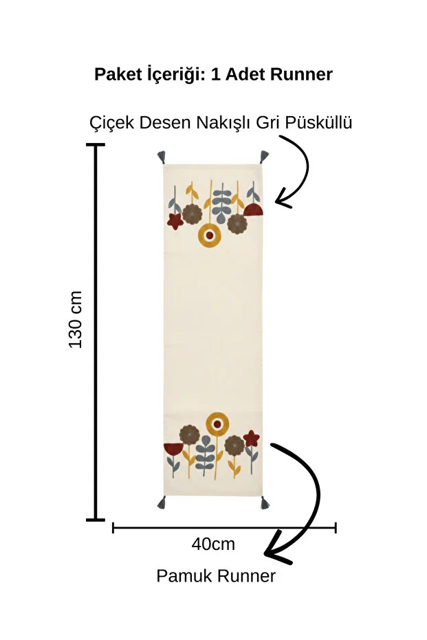 Buldan İşi Çiçek Desen Nakışlı Gri Püsküllü Pamuk Runner
